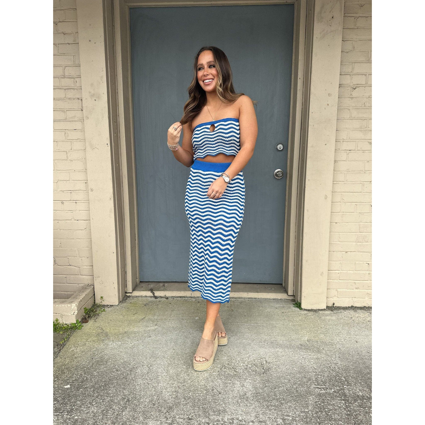 strapless blue and white striped crop