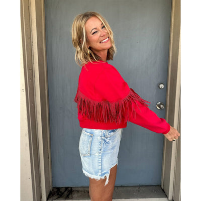 Cropped Red Sweatshirt with Fringe Sleeves