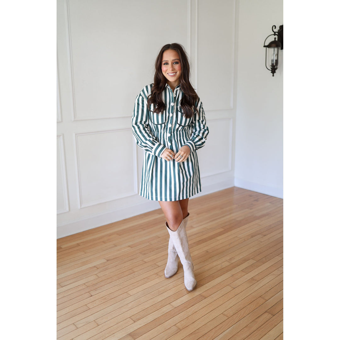 green and white striped dress