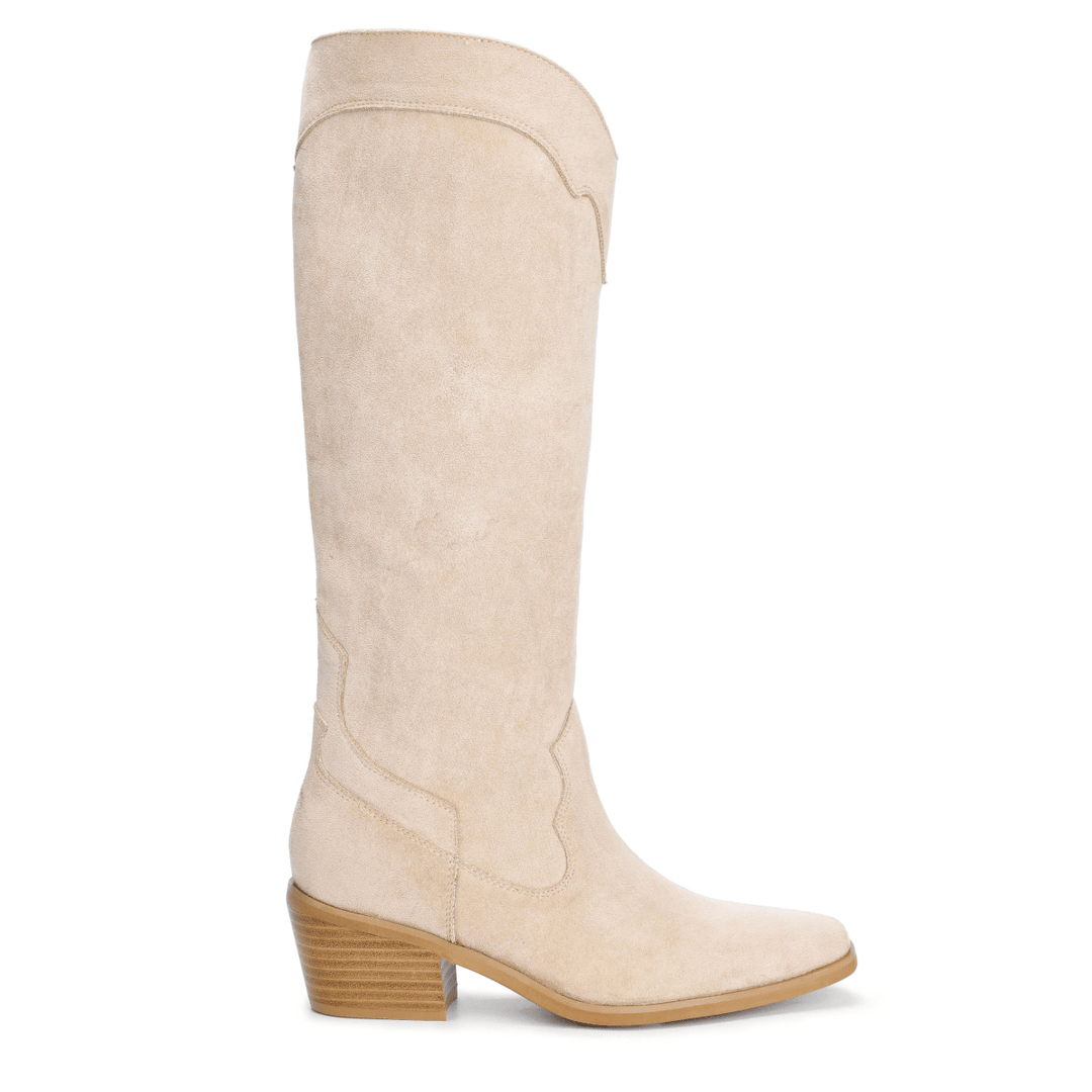 Beige knee-high boot on a white background