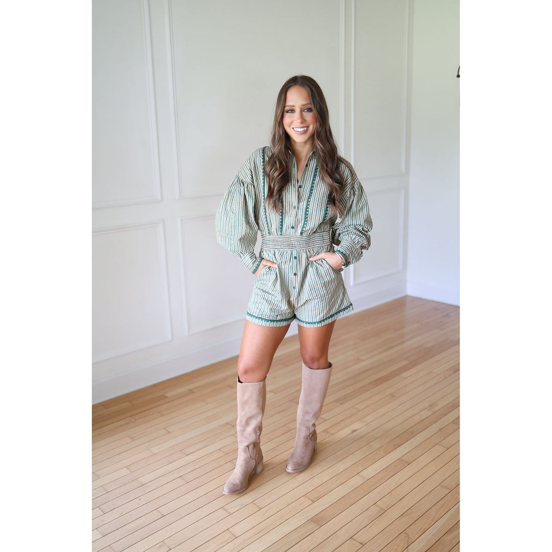 teal striped romper