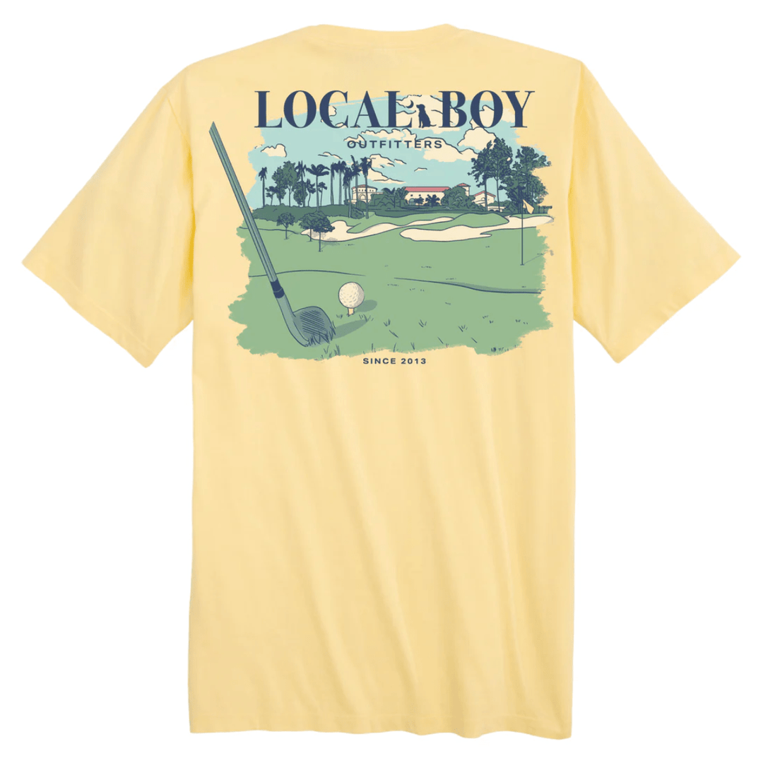 Yellow t-shirt with a golf graphic and 'Local Boy Outfitters' text on the back.
