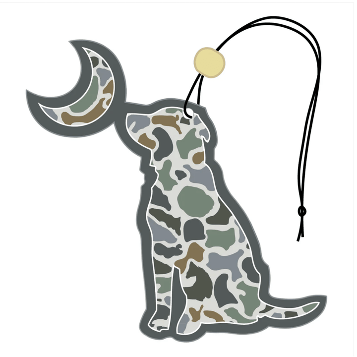 Camouflage-patterned car air freshener shaped like a dog on a white background