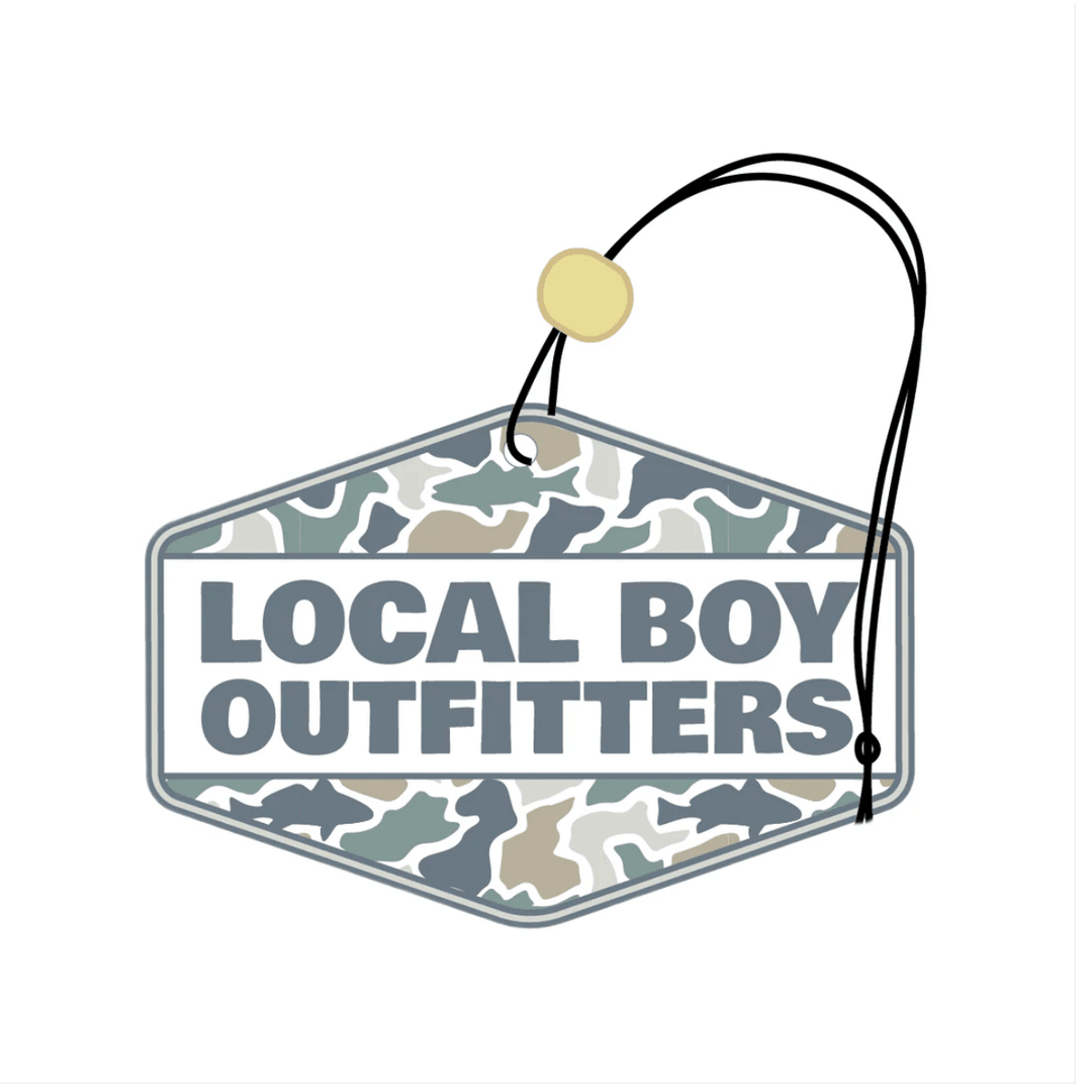 Camouflage-patterned sign with 'Local Boy Outfitters' text on a white background