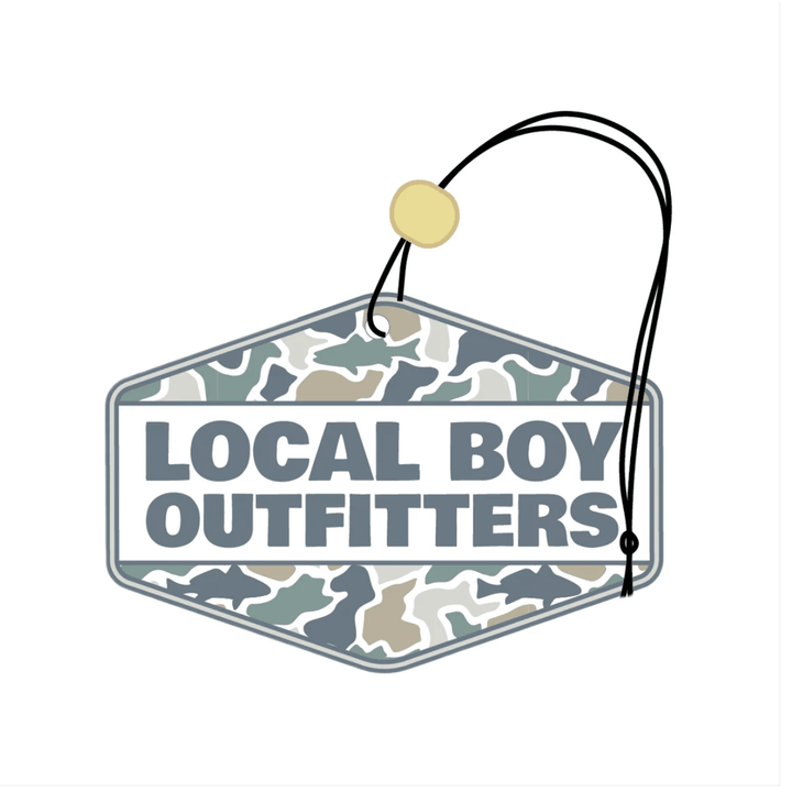 Camouflage-patterned sign with 'Local Boy Outfitters' text on a white background