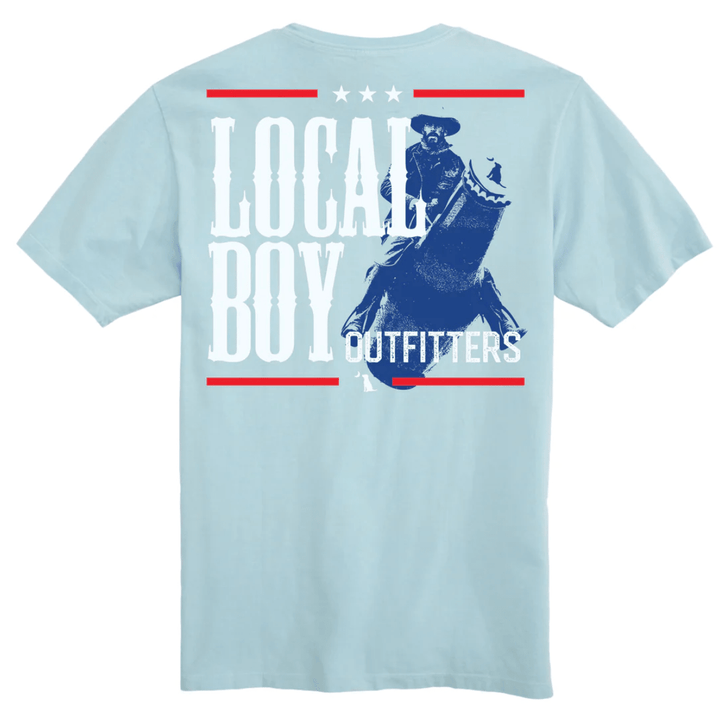 Light blue t-shirt with 'Local Boy Outfitters' graphic on a white background