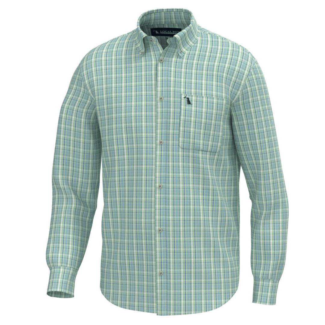 Green and blue plaid shirt on a white background