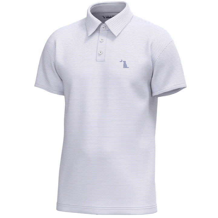 White polo shirt with blue stripes on a white background