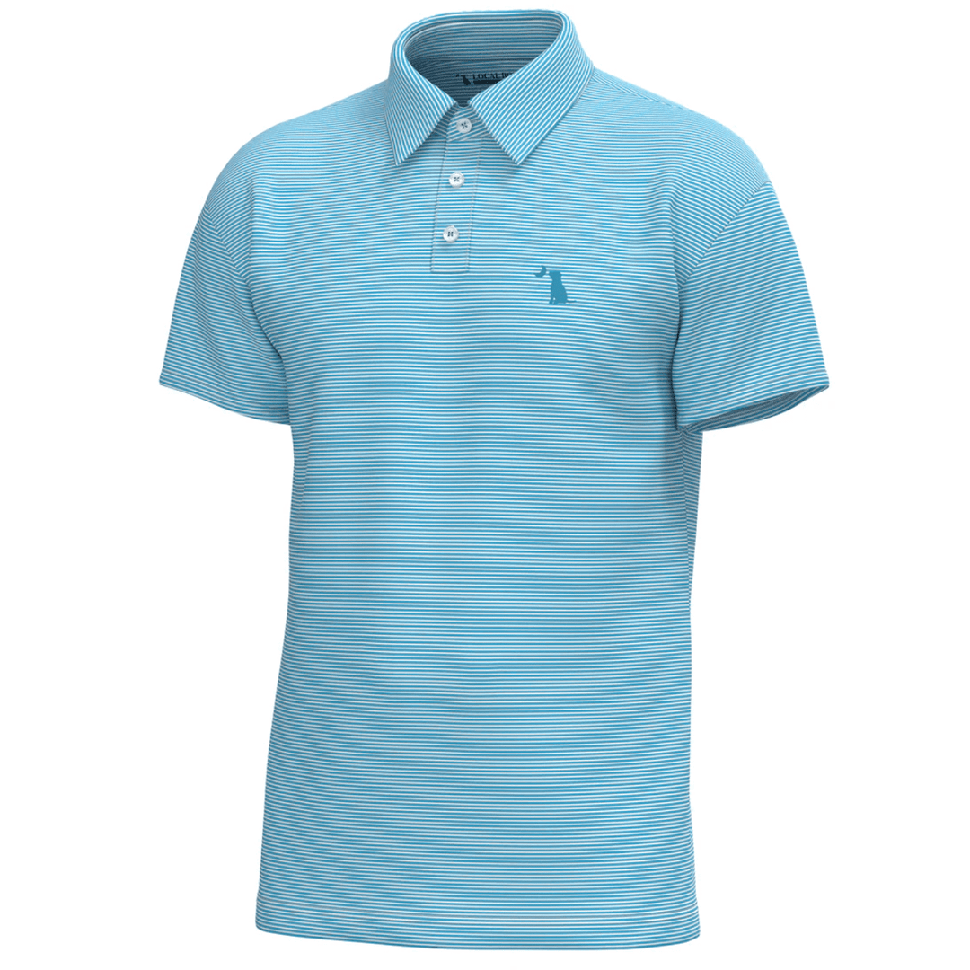 Light blue striped polo shirt with a small logo on a white background