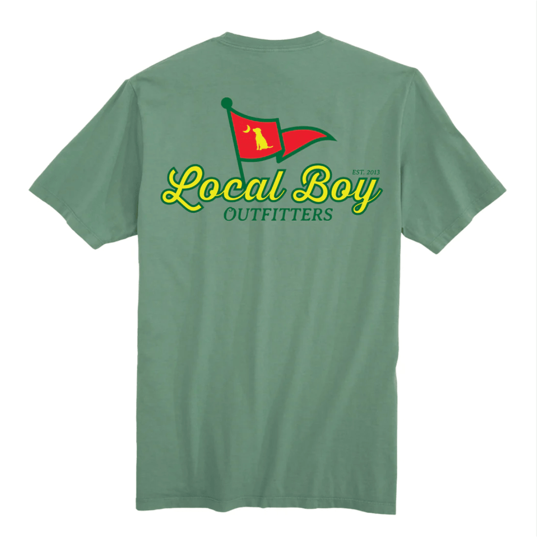 Green t-shirt with 'Local Boy Outfitters' logo on the back against a white background