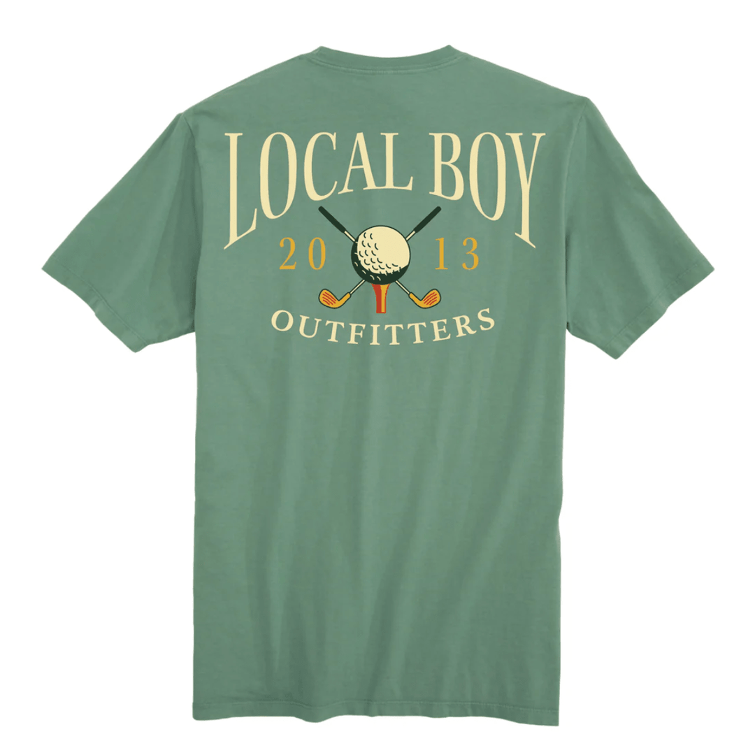 Green t-shirt with 'LOCAL BOY OUTFITTERS' text and graphics on a white background
