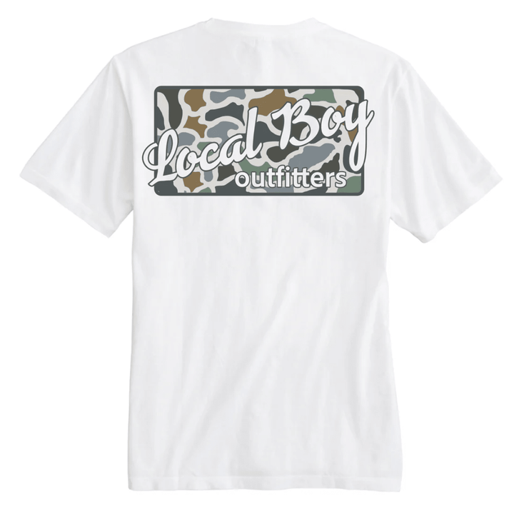 White t-shirt with 'Local Boy Outfitters' logo on the back