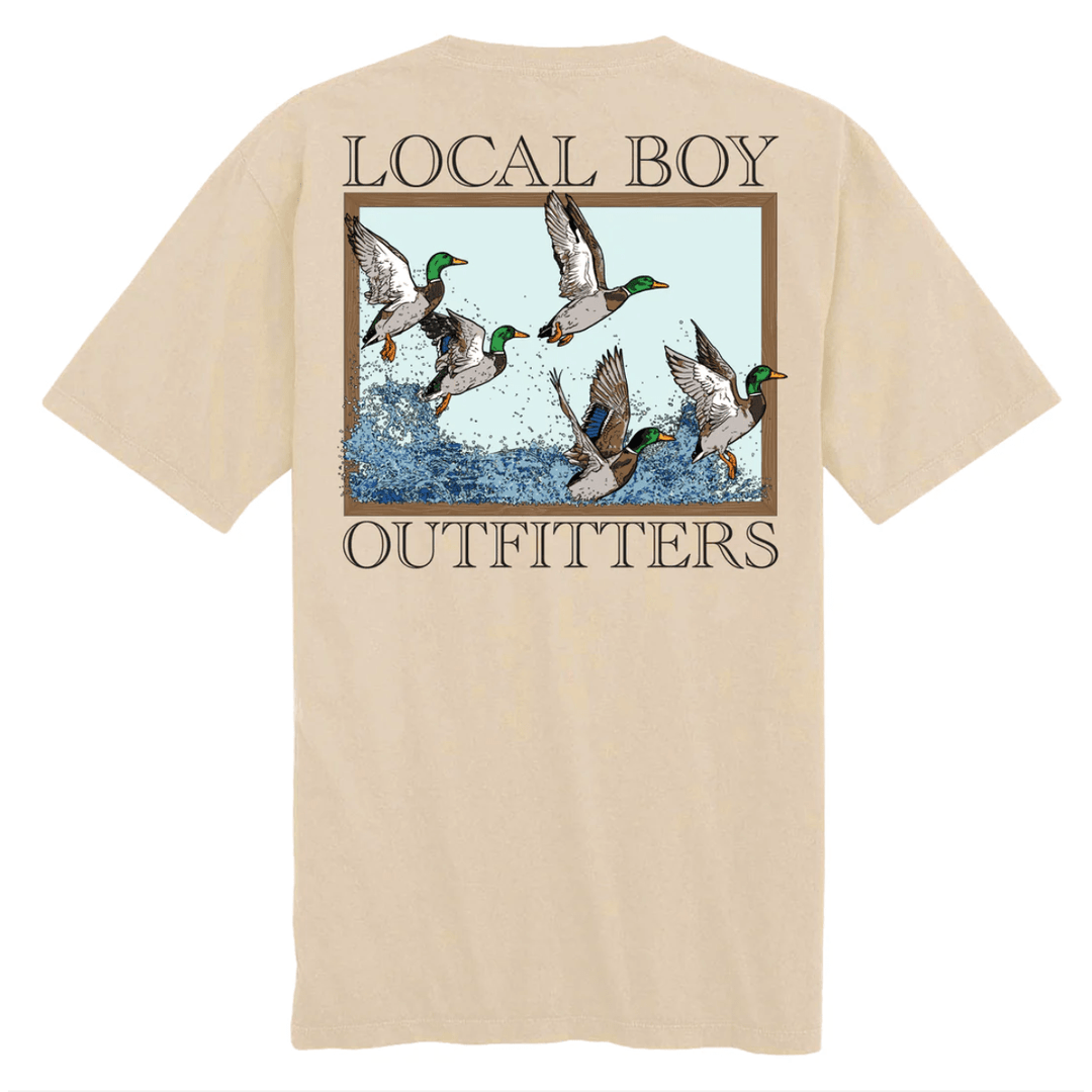 Beige t-shirt with duck graphic and 'Local Boy Outfitters' text on a white background