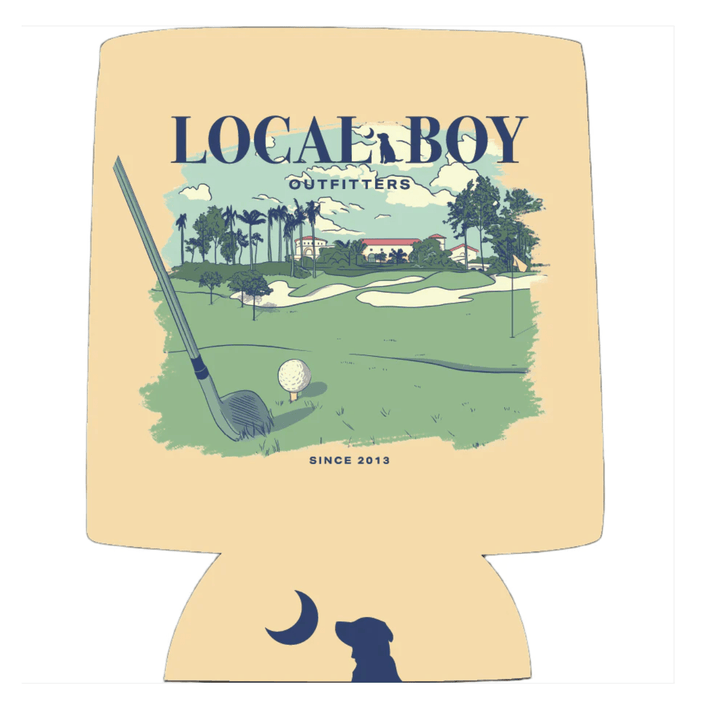 Koozie with golf design and 'Local Boy Outfitters' text on a beige background