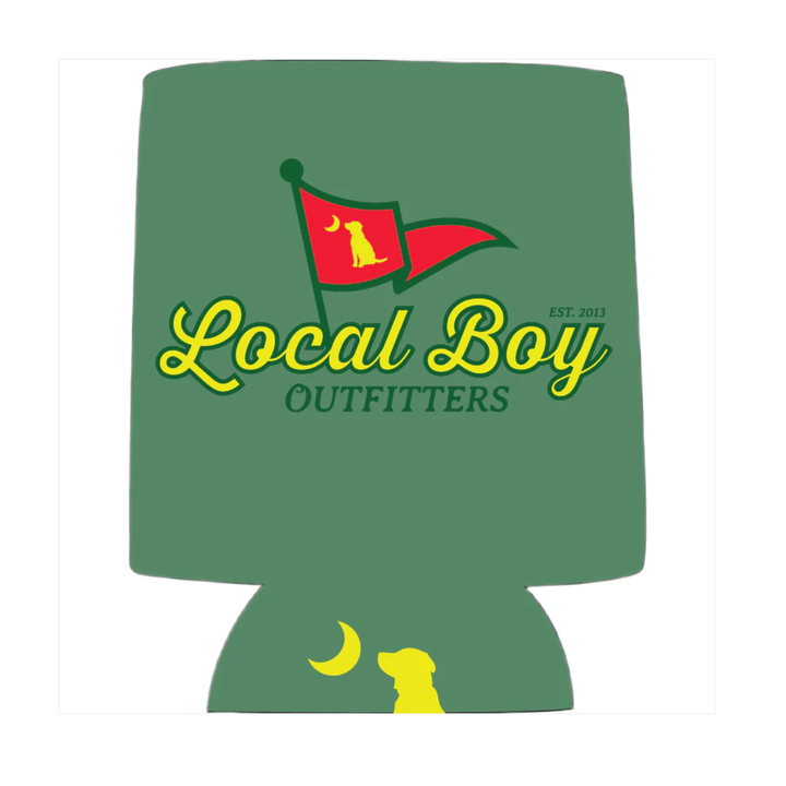 Green can cooler with 'Local Boy Outfitters' logo on a white background