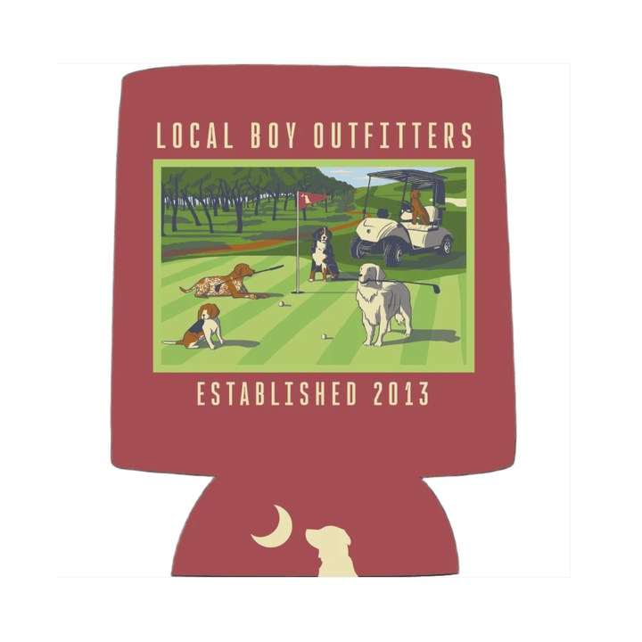 Koozie with golf scene and 'Local Boy Outfitters' branding on a white background