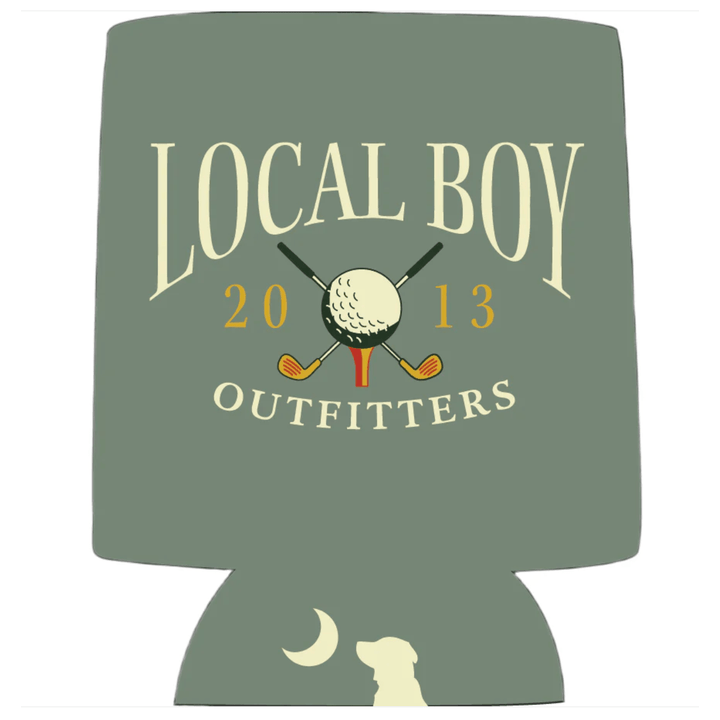 Green can cooler with 'Local Boy Outfitters' text and golf-themed design on a white background