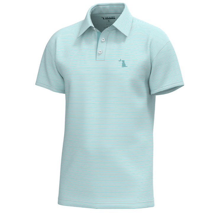 Light blue striped polo shirt with a small logo on a white background