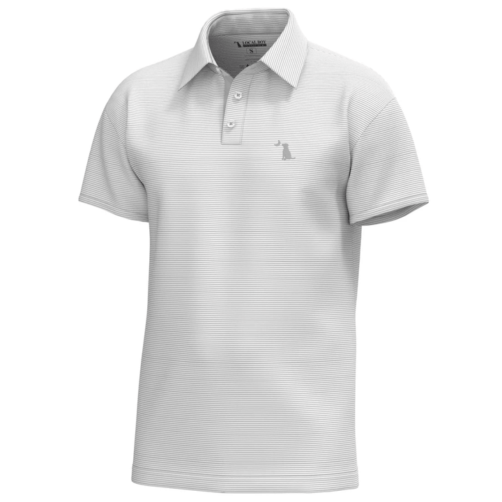 Gray striped polo shirt with a small logo on a white background