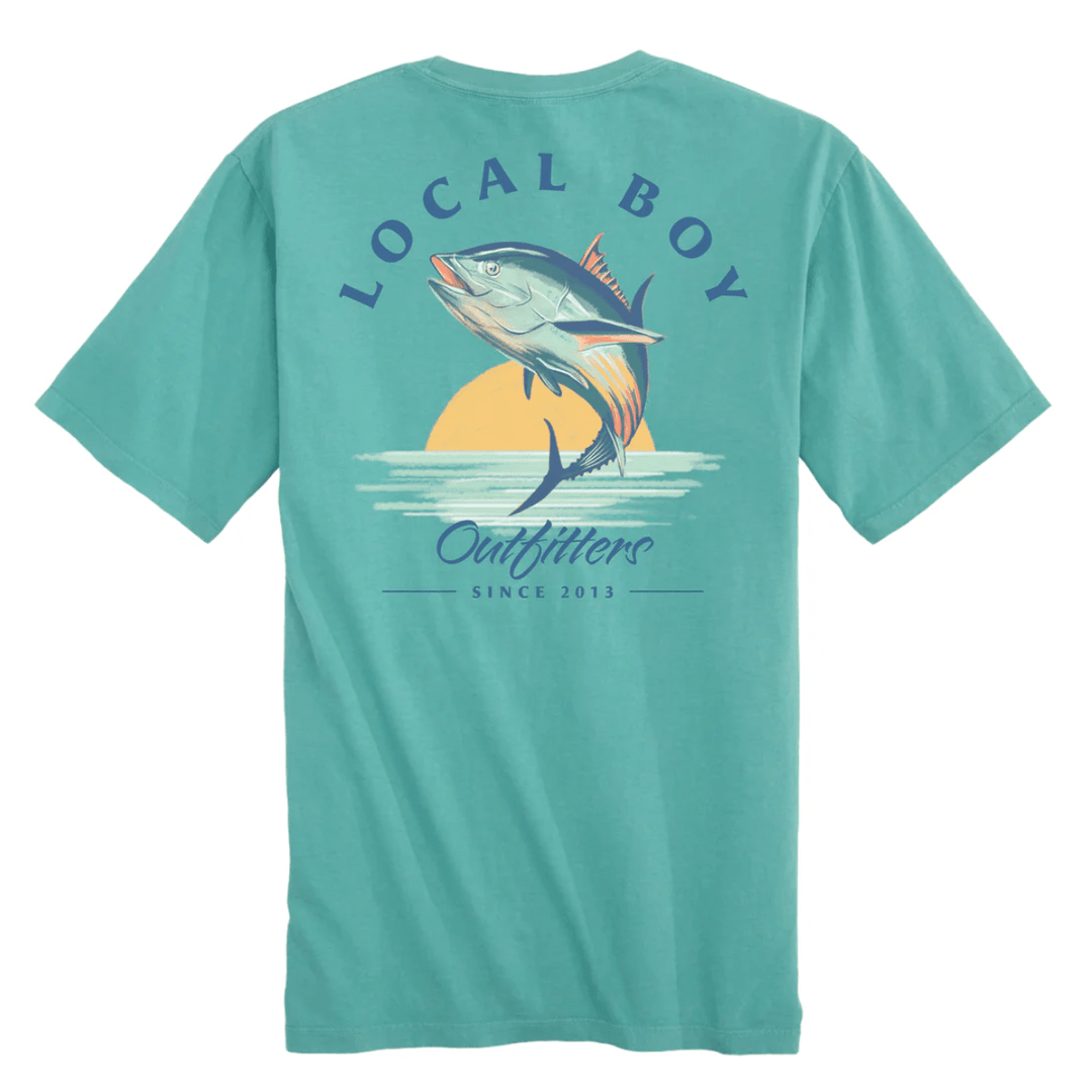 Teal t-shirt with 'Local Boy Outfitters' graphic on a white background