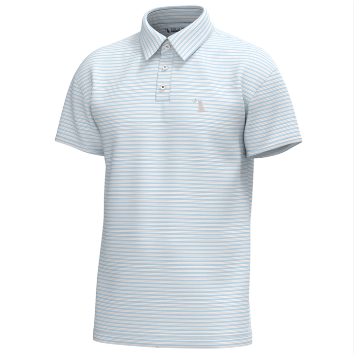 Light blue and white striped polo shirt on a white background