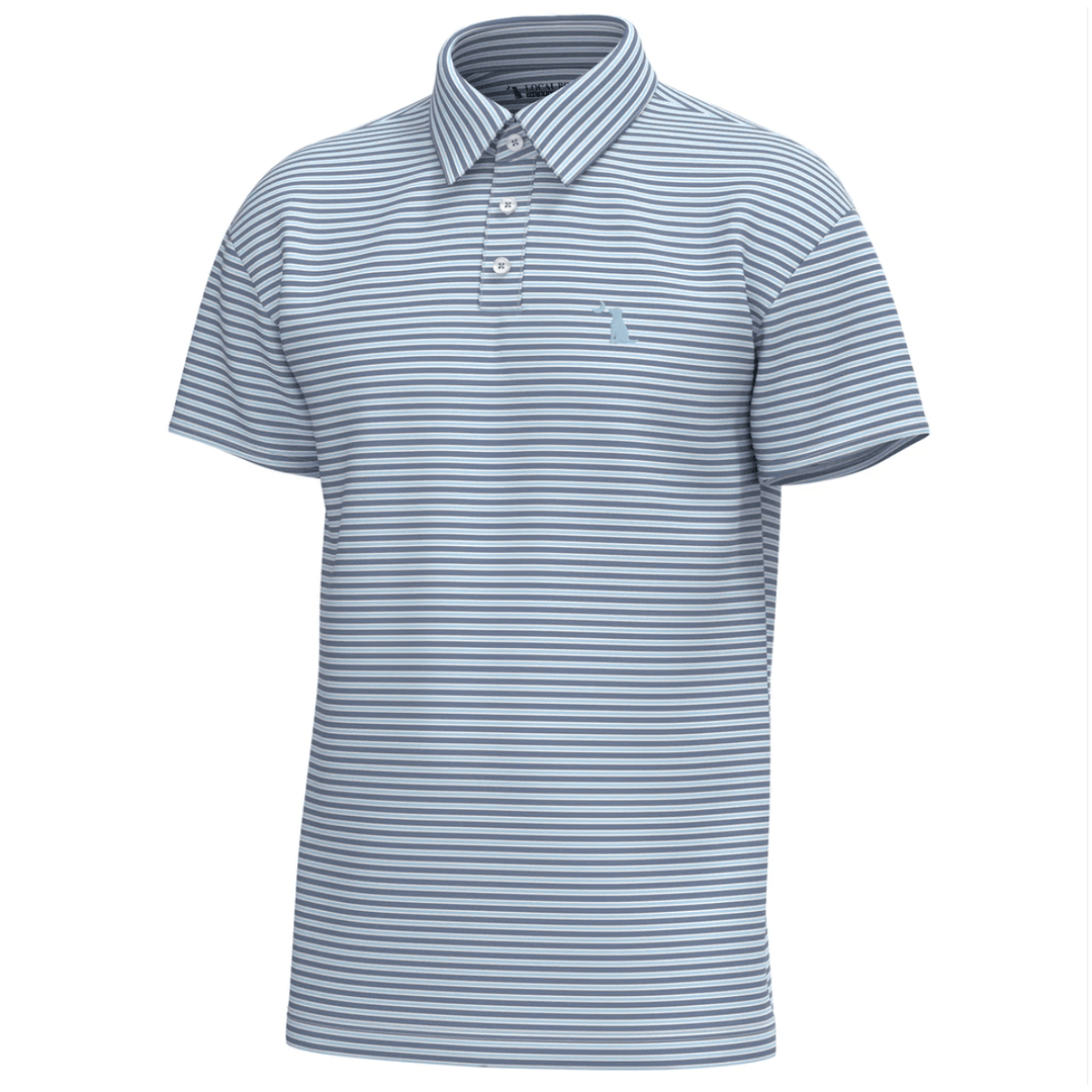 Blue and white striped polo shirt on a white background
