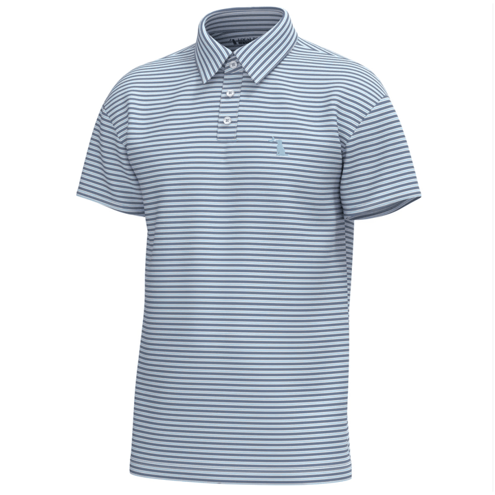 Blue and white striped polo shirt on a white background