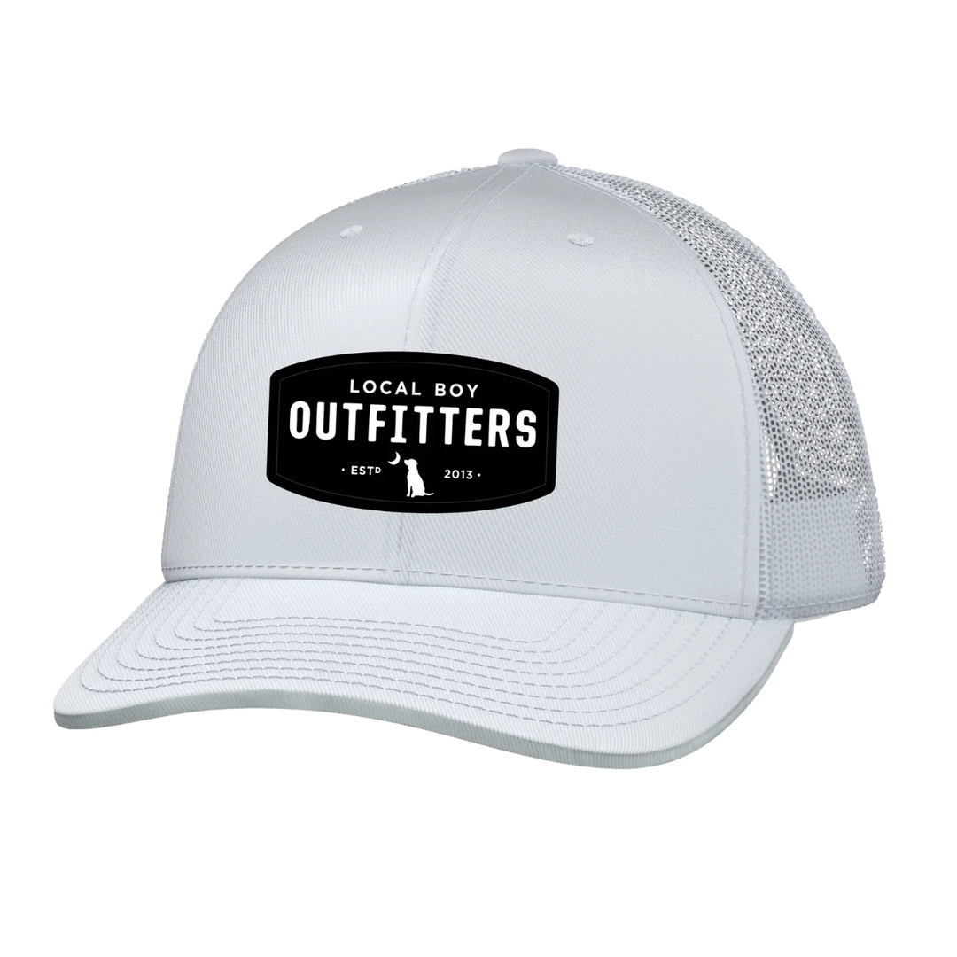 White mesh cap with 'Local Boy Outfitters' logo on a white background