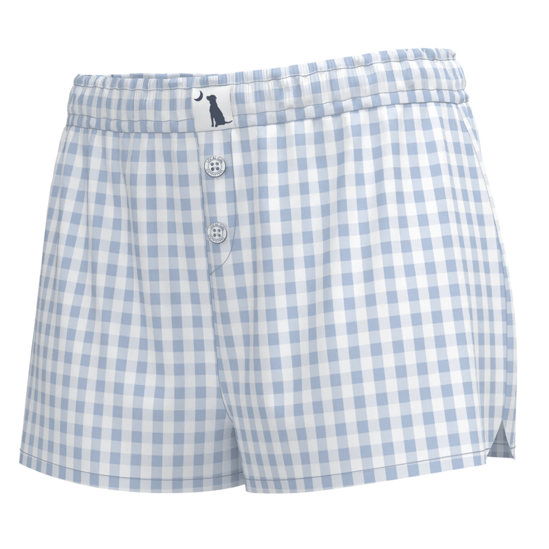 Blue and white checkered shorts on a white background