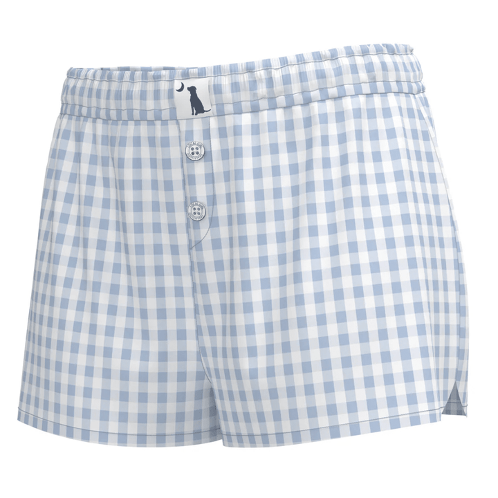 Blue and white checkered shorts on a white background