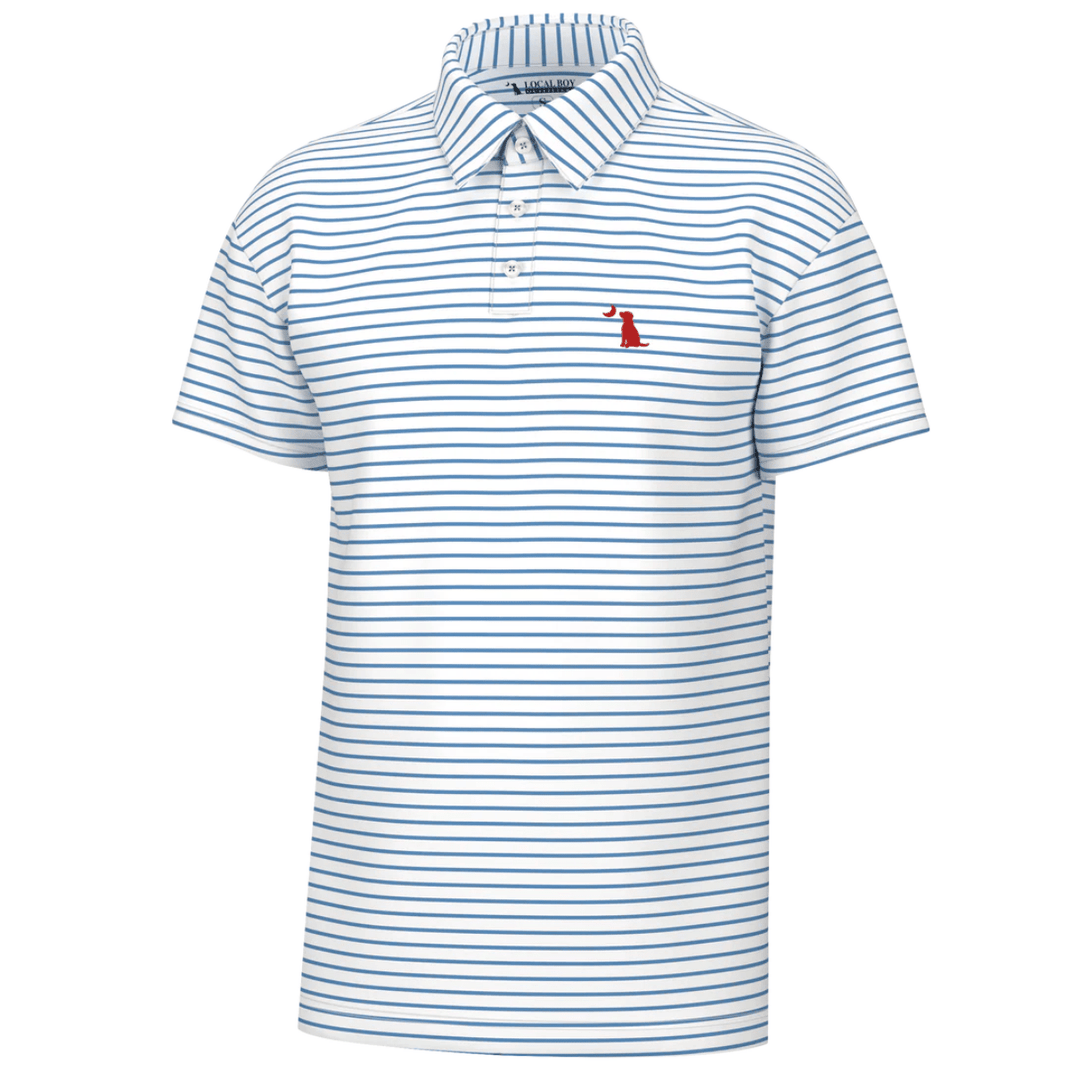 Striped polo shirt with a small red logo on a white background