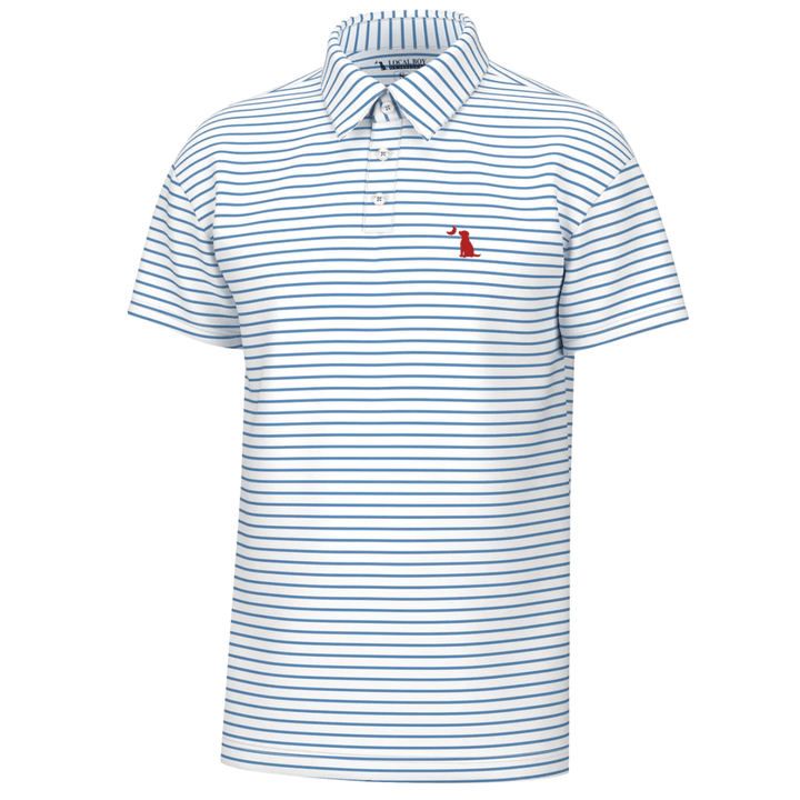 Striped polo shirt with a small red logo on a white background