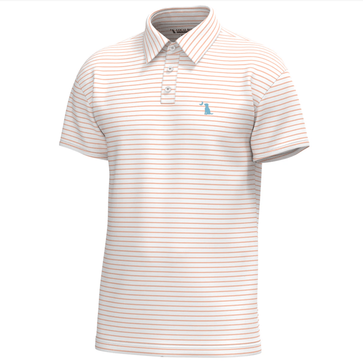 Striped polo shirt with a small logo on a white background