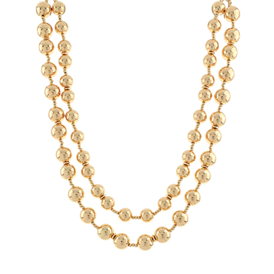 A double-strand gold beaded necklace with polished round beads.
