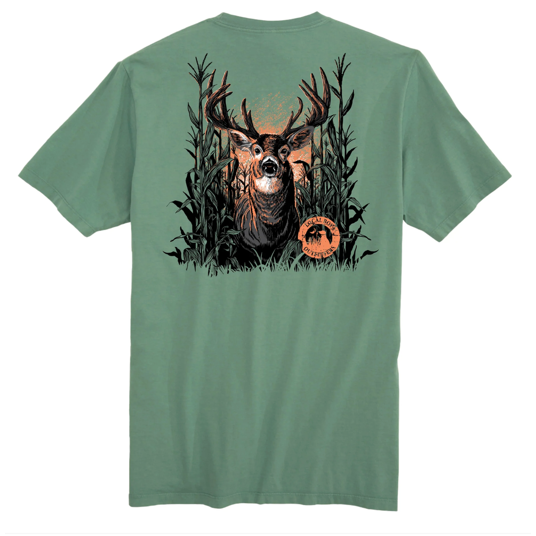 Green t-shirt with a deer graphic on the back 