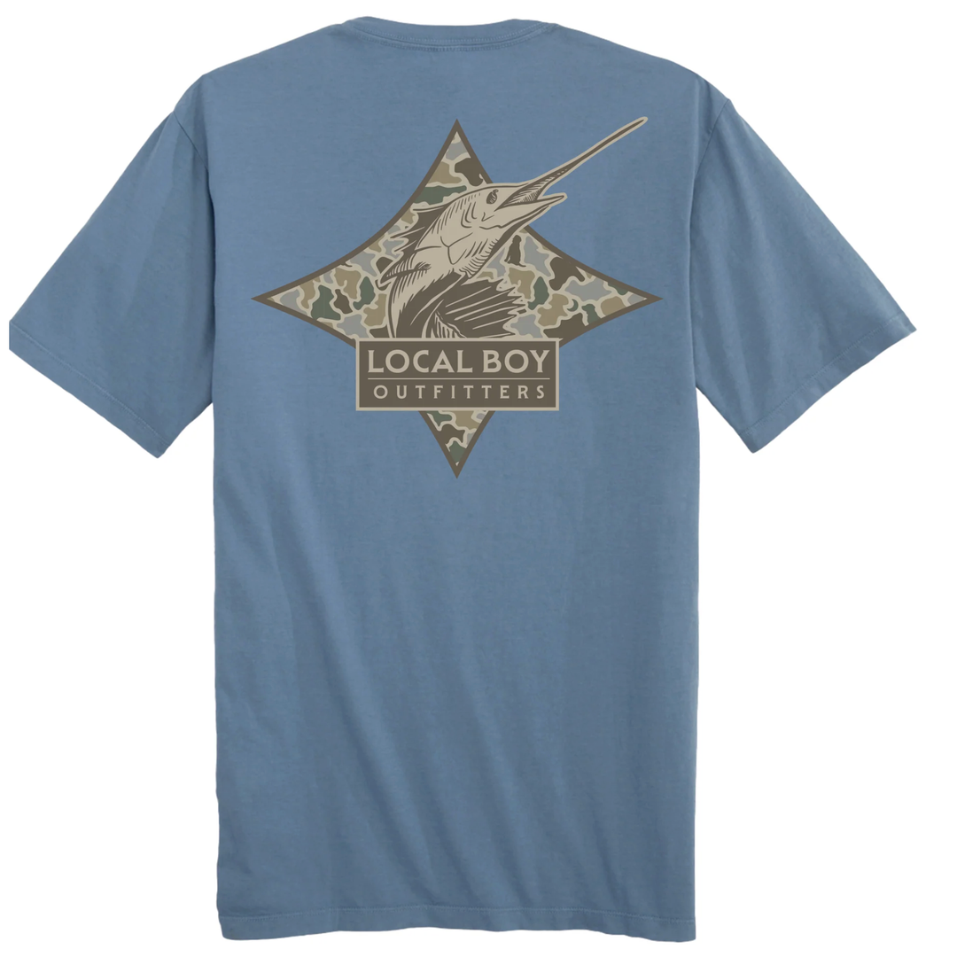 Blue t-shirt with a fish graphic and 'Local Boy Outfitters' text on the back.