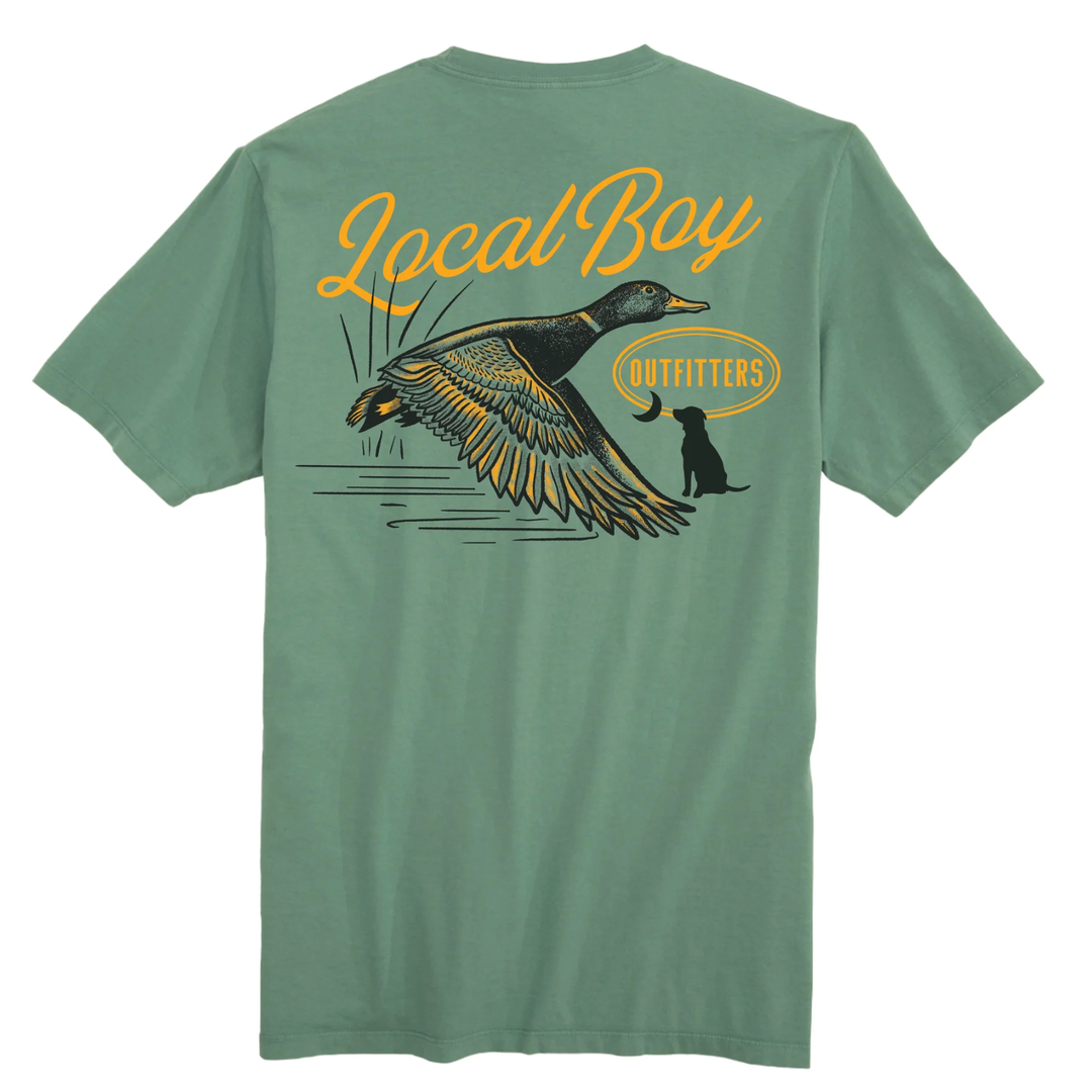 Green t-shirt with a duck graphic and 'Local Boy Outfitters' text on the back.