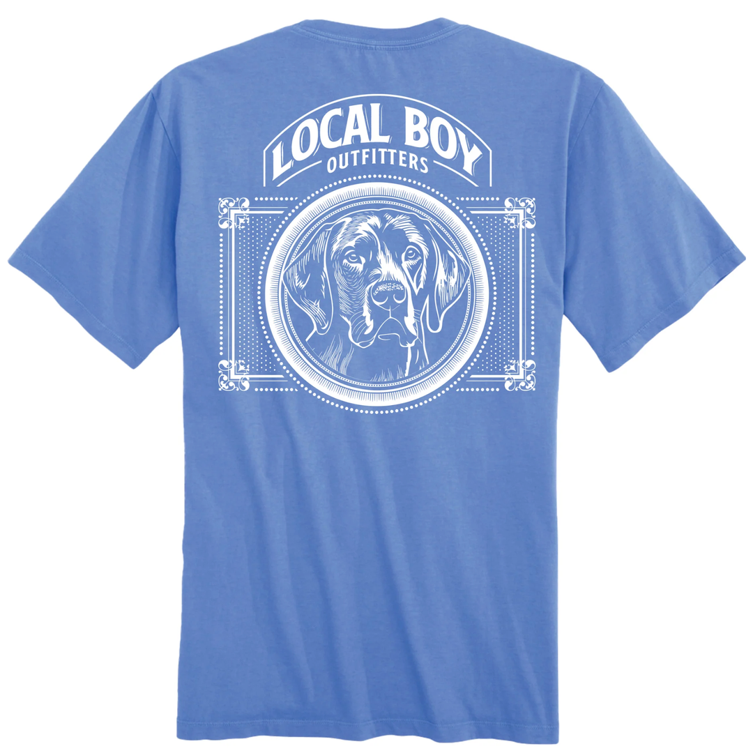 Blue t-shirt with a dog graphic and 'Local Boy Outfitters' text on the back.