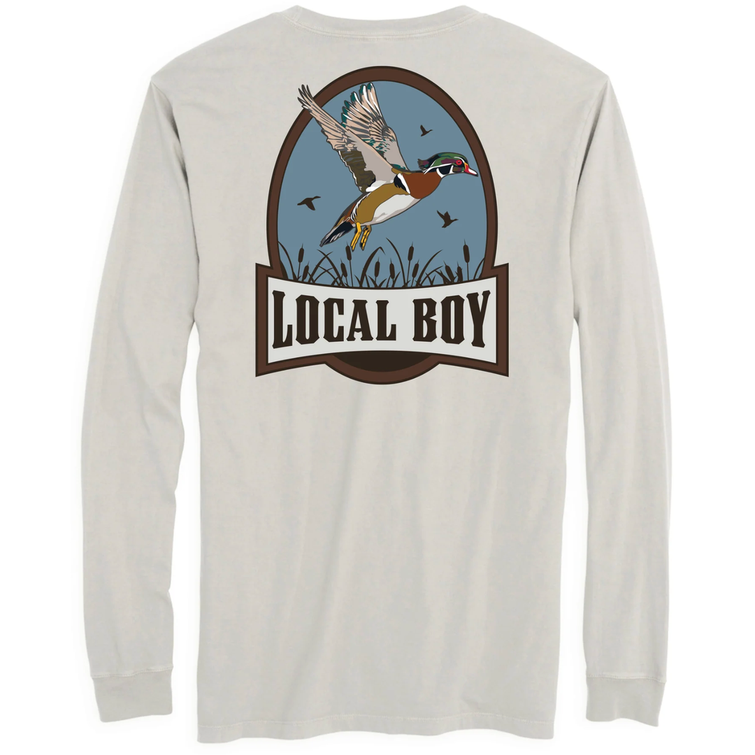Long-sleeve shirt with duck graphic and 'Local Boy' text on a light gray background