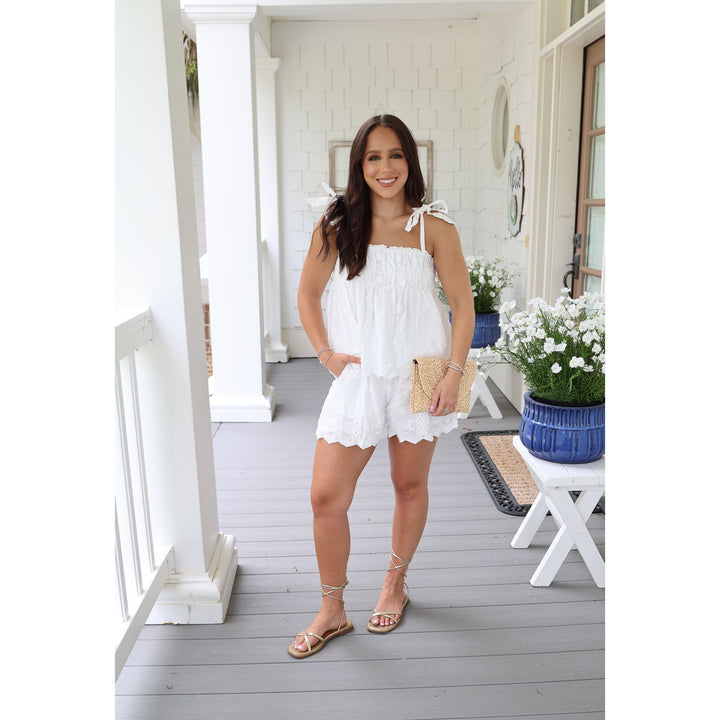 white eyelet shorts set
