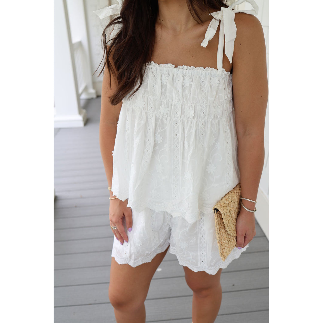 white eyelet shorts set 