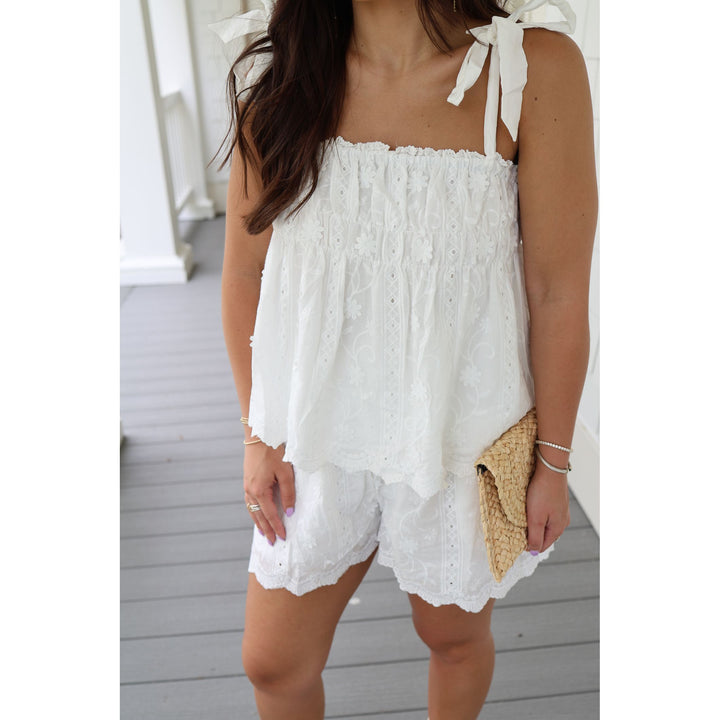 white eyelet shorts set 