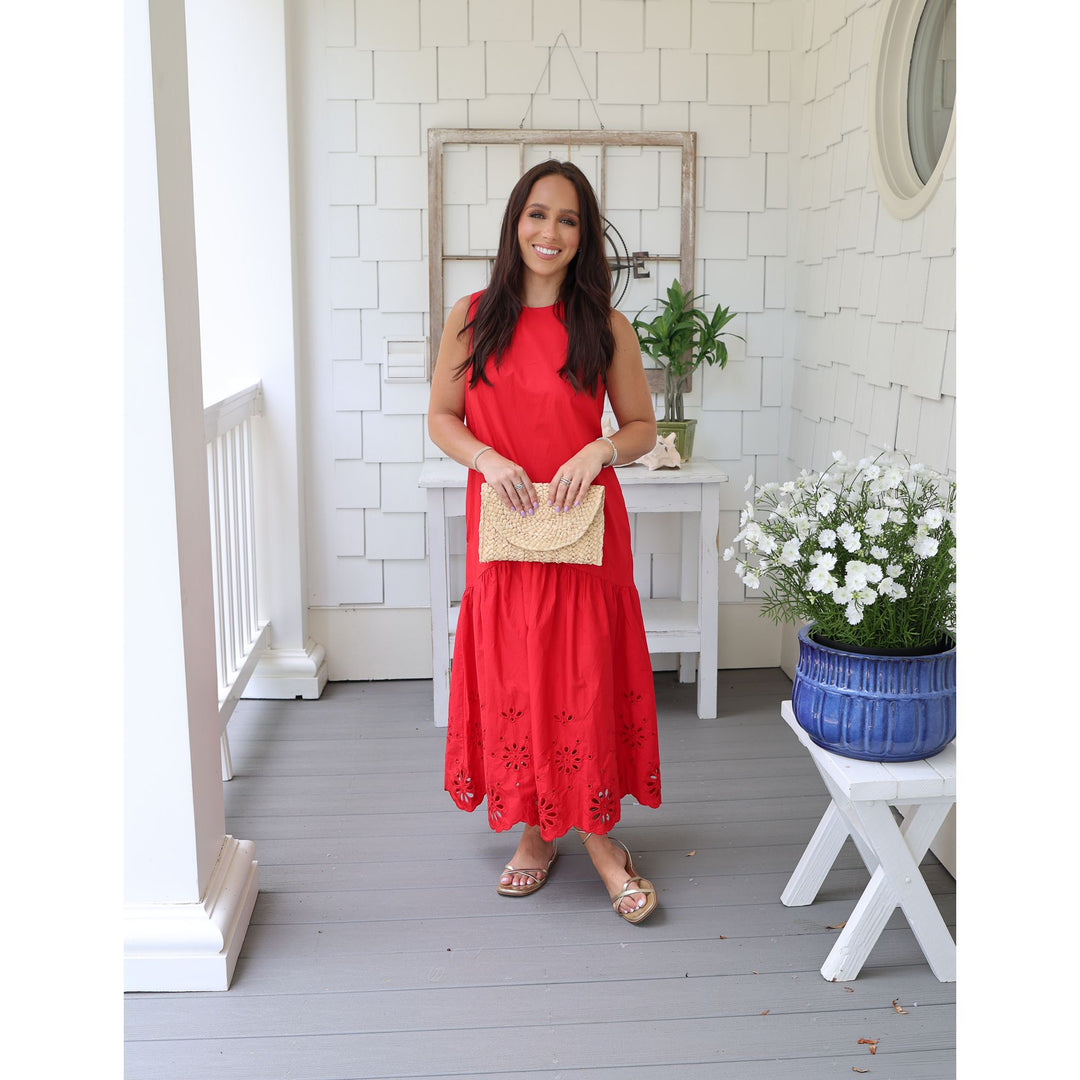 red drop waist midi 
