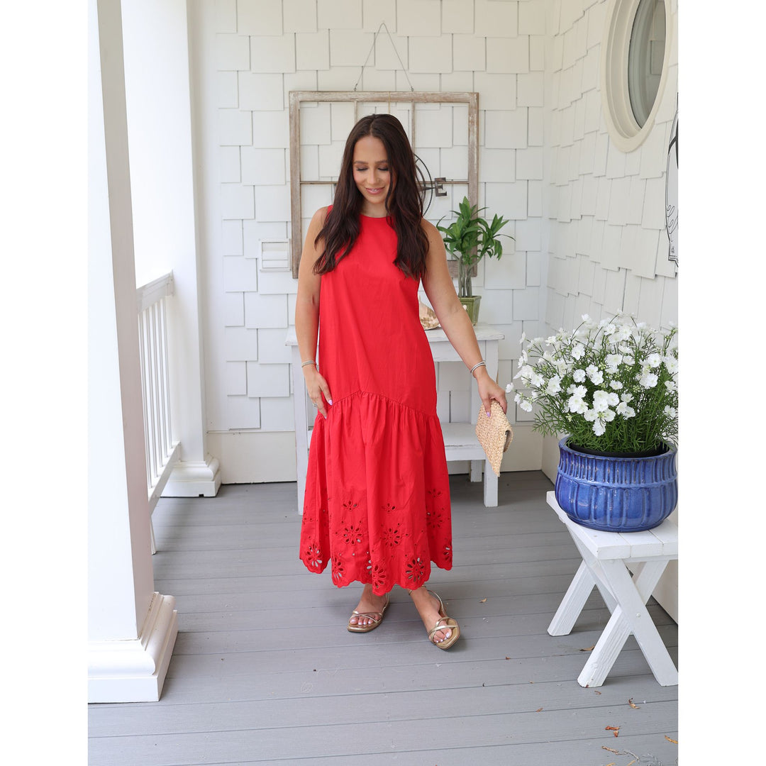 red drop waist midi 