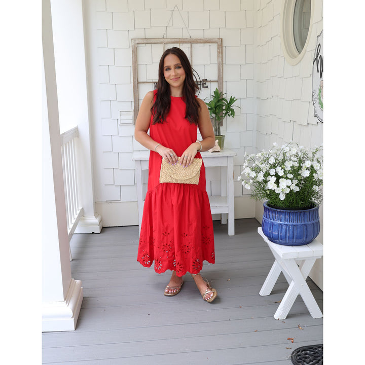 red drop waist midi 