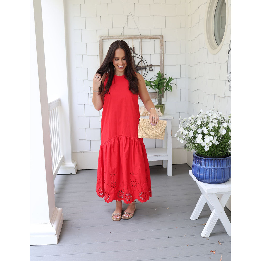 red drop waist midi 