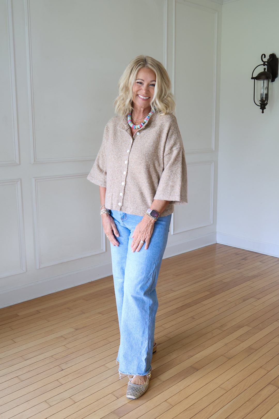 woman wearing mocha cardigan
