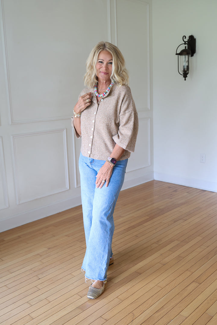 woman wearing mocha cardigan