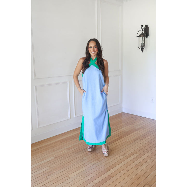 Merri Blue Halter Neck Midi Dress