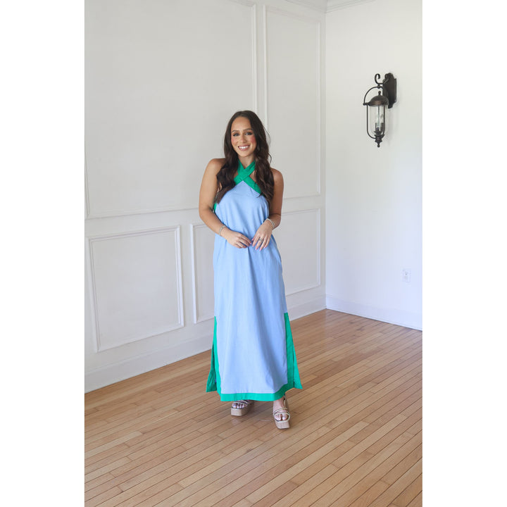 Merri Blue Halter Neck Midi Dress